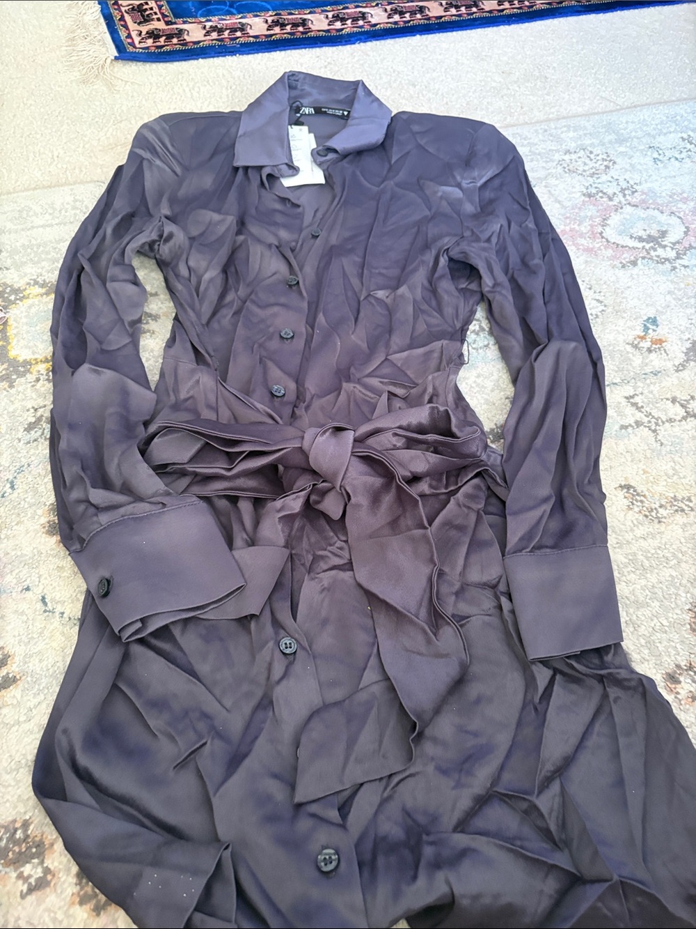 Zara Navy Long Sleeve Shirt Dress with Waist Tie